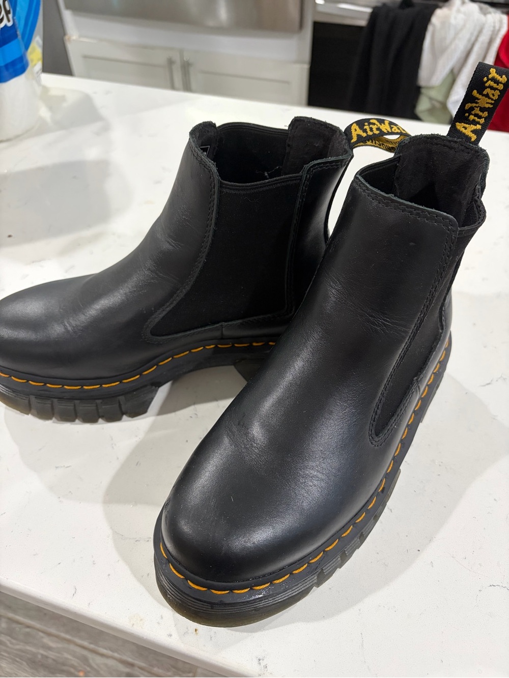 Dr. Martens Black Leather Chelsea Platform Ankle Boots with Yellow Stitching
